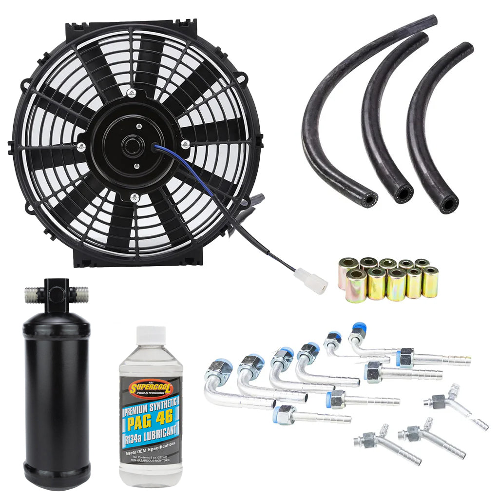 Electric Fan 10" + Receiver Dryer + A/C Accessories Kit (Hoses, orings, fittings) + Oil PAG 46