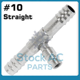 BARBED A/C FITTING, #10 TO  #10 STRAIGHT HOSE SPLICE,ALUMINUM w/13mm SERV. PORT