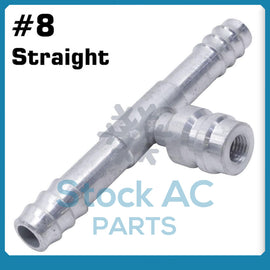 BARBED A/C FITTING, #8 TO  #8 STRAIGHT HOSE SPLICE,ALUMINUM w/16mm SERV. PORT - Qualy Air